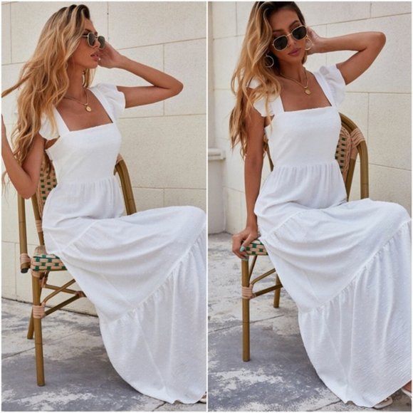 Boho White Butterfly Sleeve Swiss Dot Maxi Dress - Picture 4 of 4